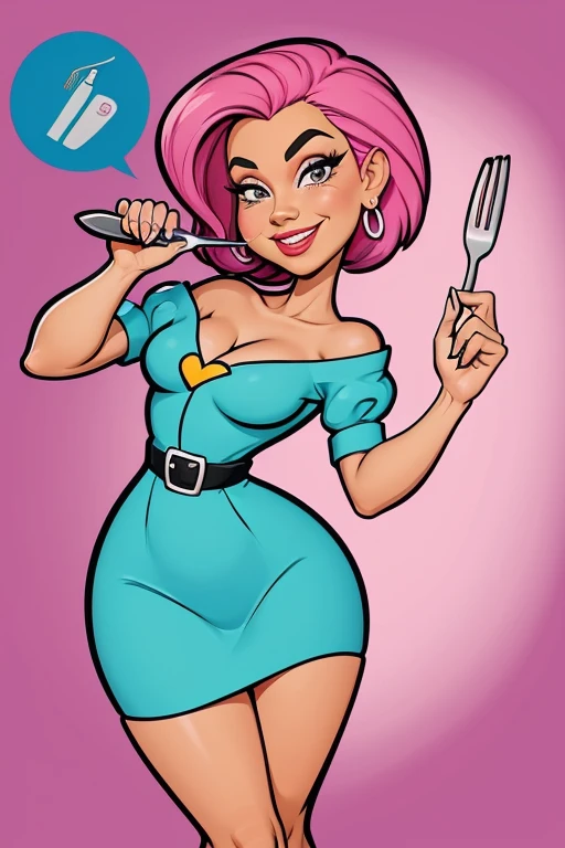 DreamShaper, cartoon woman holding a knife and fork with a toothbrush in her hand, caricature style, caricature illustration, in cartoon style, cartoon digital art, digital art cartoon, CARTOON ARTstyle, illustration air brush,caricature!!!,cartoon digital painting,caricature,CARTOON ART,digitally colored,colored digital illustration,cartoon style illustration,caricature,cartoon portrait,cartoon style