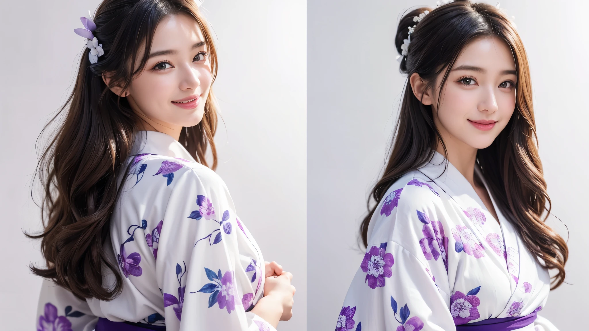 (highest quality、8k、32K、masterpiece、nffsw:1.2)、(RAW photo)、(realistic)、(Photoreal:1.2)、(High resolution)、Super detailed、very beautiful face and eyes、1 girl、round and small face、thin waist、delicate body、(close、highest quality、high detail、rich skin details)、(highest quality、8k、oil paint:1.2)、Super detailed、(realistic、realistic:1.37)、(((touch my mouth)))、(((Bewitching atmosphere)))、(((laughter)))、(((white background)))、((long hair))、(((pure white wall background)))、(((She is wearing a yukata with a purple botanical pattern.)))、(((pure white wall background)))、(((Light purple yukata)))、(((Yukata with botanical pattern)))、(((loose and fluffy permed hair)))、(((There is a big laughter)))、(((touch your chin with your hand)))、I'm smiling so much