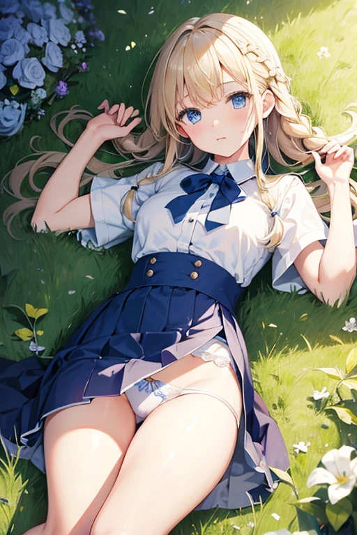 masterpiece, highest quality, High resolution, 14-year-old girl、blue eyes、
blonde,  Braiding、uniform, White shirt, Check skirt, White panties、garden、Lying on the grass