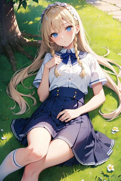 masterpiece, highest quality, High resolution, 、blue eyes、
blonde,  Braiding、uniform, White shirt, Check skirt, White panties、garden、Lying on the grass