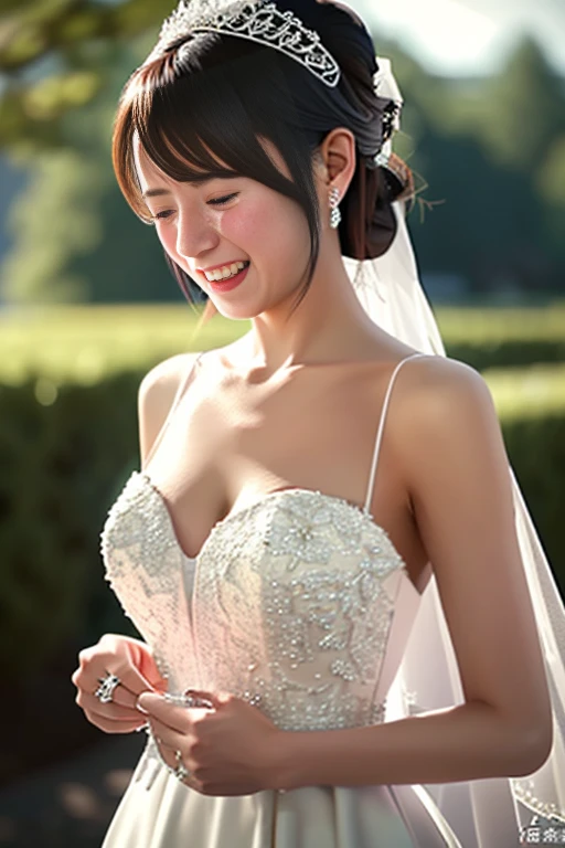 (best quality, on the table:1.2), (actual:1.3), (Super detailed background, Detailed background), Bokeh,taken from the side,  ((medium breasts)), [Beautiful valley],(Princess line wedding dress:1.3),(Neck:1.5), Bridal tiara, wedding veil, bridal gloves,  Upper body, Beautiful wedding venue near the sea, teenager, Lovely,smiling,