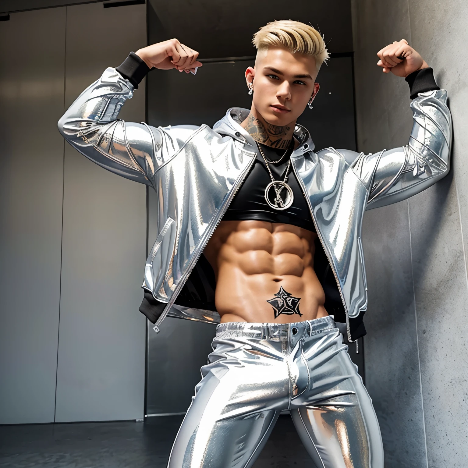 full view full body, one Hot and cute muscle 18 year old guy with blond undercut haircut, in tight shiny latex white pants,  tight shiny latex baseball varsity jacket hoodie,  tattoos , piercings, silver rings, flexing sexy pose showing sixpack