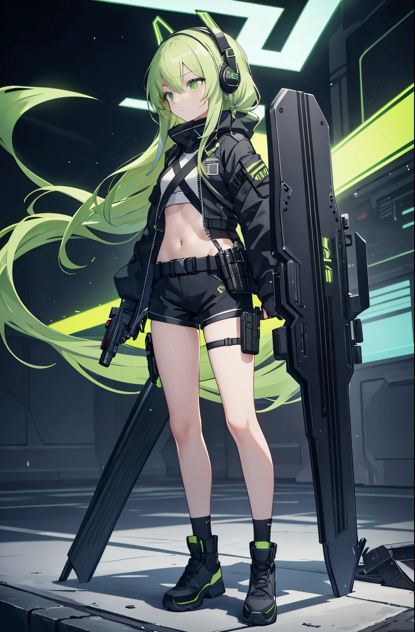 Side View,A young girl,Slim girl figure,Light green braided long hair,Light green eyes,Poker face,Wearing black tactical jacket,Holding a blast shield,Wearing black shorts,Wearing tactical equipment,Wearing tactical headsets,Holding a pistol,Female hands,Little white hand,Female hands指,Standing on the black street,Cool dark tones
