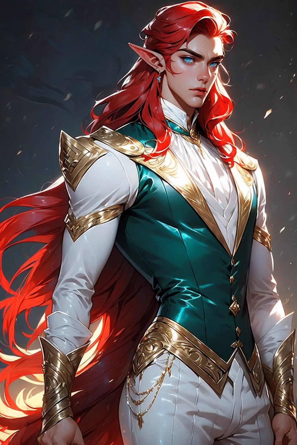 (((Masterpiece))), top quality, handsome dapper male elf, super detailed, kind and sophisticated, white corset vest, pants, shiny skin, long red hair, teal eyes, (dark skin), light background, ((male focus)).