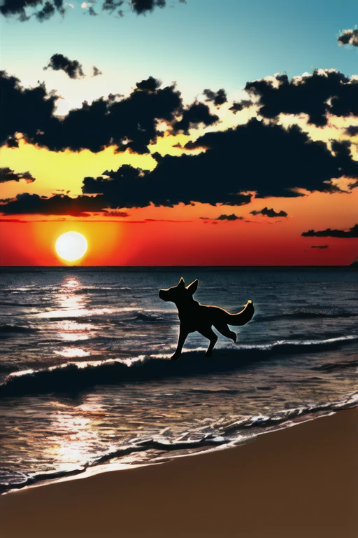 The light of the setting sun reflects fantastically from the seaside and scatters、Flying lights,Dog walking silhouette