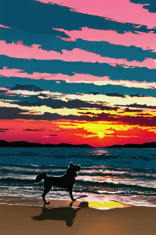 The light of the setting sun reflects fantastically from the seaside and scatters、Flying lights,Dog walking silhouette