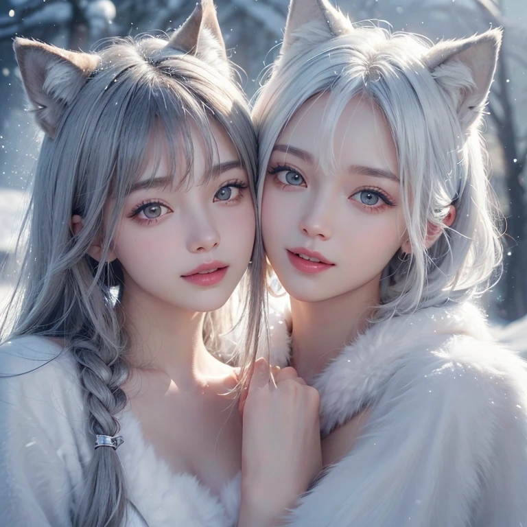 Extremely Heavy snowfall,snowing mountain、white wolf、 ((highest quality、masterpiece、8k、best image quality、ultra high resolution、Award-winning work)、(accurate anatomy:1.1)、(look at me and smile:1.1)、Shining fair skin with ultra high resolution、most detailed face、ultra high resolution detailed face、white short hair flowing 、Beautiful face drawn in every detailNative American fur clothing:1.5, real wolf beside the girl