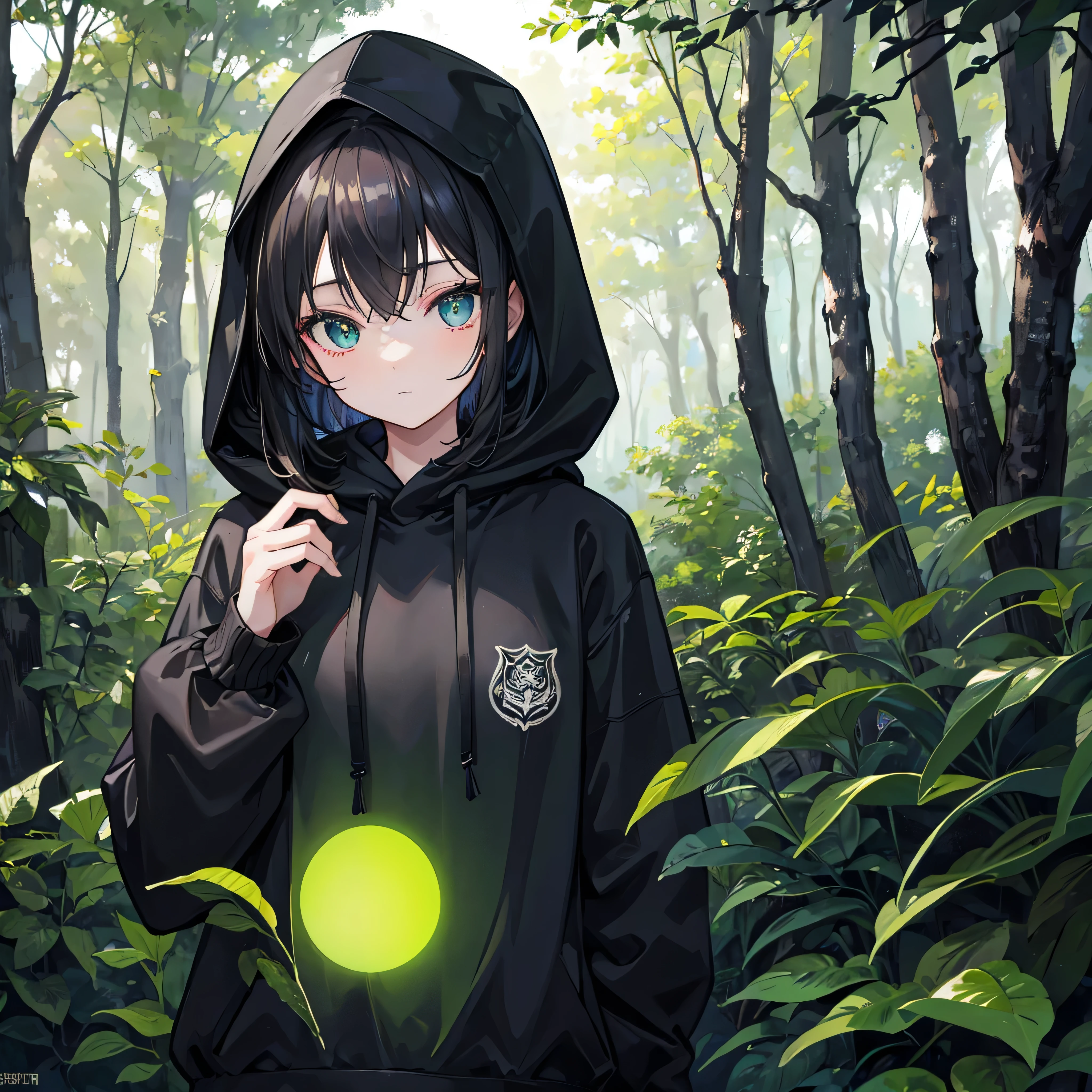 A girl in a black hoodie peers out from the forest, sunlight filtering through the trees.、The eyes glow a mysterious green。