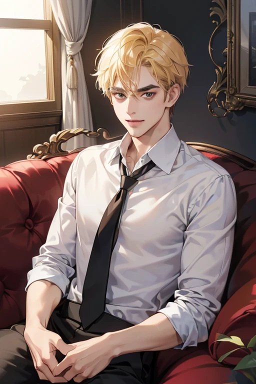 (masutepiece, Digital Art, Digital Illustration, 4K, 8K, Ultra-detailed, beautiful image, Sharp Image, Photorealistic, Raw photo, Perfect face, Perfect lines, Perfect eyes, Soft lighting) 1 male human, (a blond,Brown eyes,hair between eye,hair messy,short-hair,deadpan,Goofy face,Parallel eyebrows,Narrow-eyed,kindly smile,ember,28 years old:1.3),Handsome men, (ember,Business Shirt,neck tie,Thin macho,Firm shoulder width,Adult male:1.2),small plants,Sleepy face,Frantically opening your eyes,Loosen your tie,5 minutes before work,Living alone in a 1LDK,Hairstyle check,inside in room,Simple sofa,Double sofa