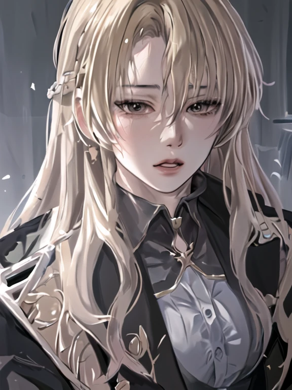 anime girl with long, slightly wavy hair and a black jacket looking at the camera, blonde haired girl, detailed portrait of anime girl, from the front line girl, semirealistic anime style, amazing anime face portrait, beautiful anime portrait, perfect blonde girl, fine just details. frontline girl, realistic anime art style, created with anime painter studio, anime girl portrait, anime realism style, white hair
