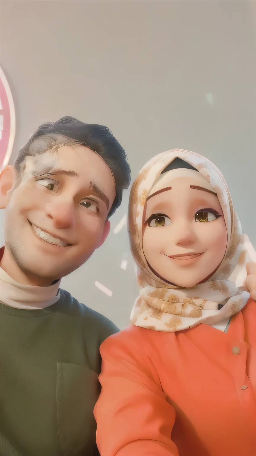 there are a man and a hijabi woman posing for a picture with a cafe background background, happy couple, wpol and sarasti, 8k selfie photograph, andy worhol, shot on nikon z9, protrait, lovely couple, selfie, full protrait, with wart, taken at golden hour, couple, photo portrait,