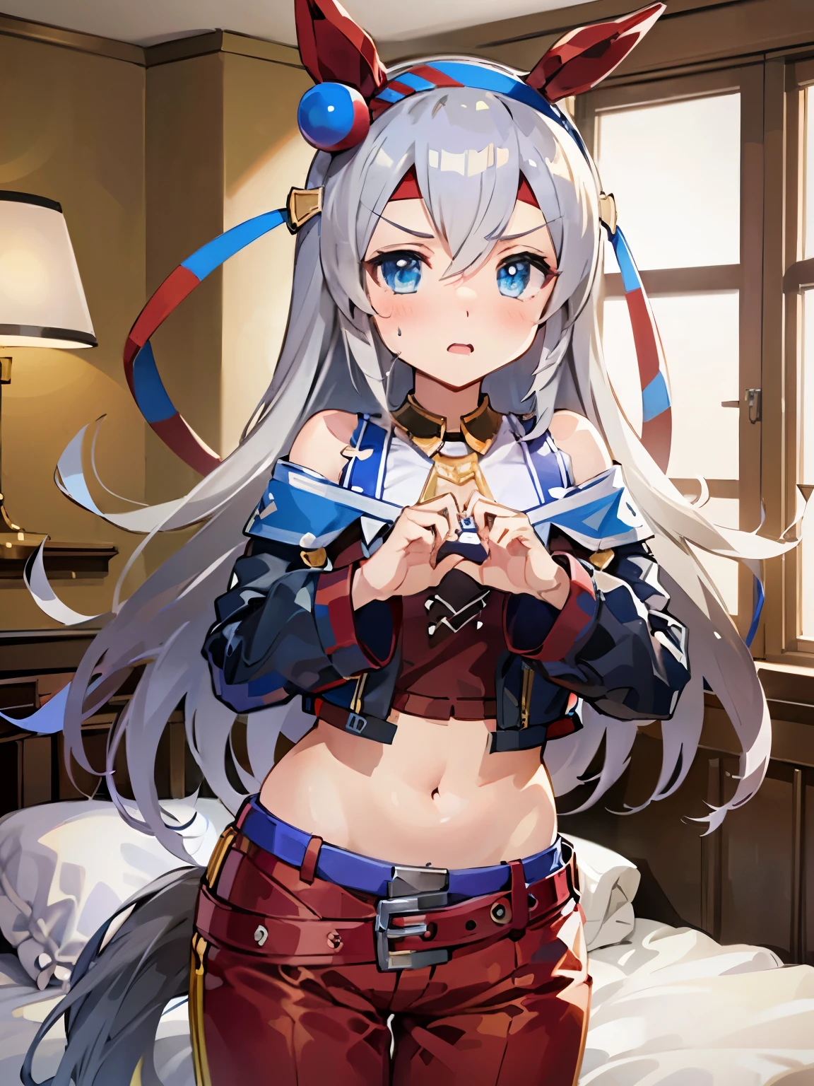 NSFW,tamamo cross \(umamusume\),(Perfect hands),(Perfect Anatomy),(masterpiece),(highest quality),Embarrassed,blush,cropped,Off the shoulder,hot pants,Love Hotel,bedroom