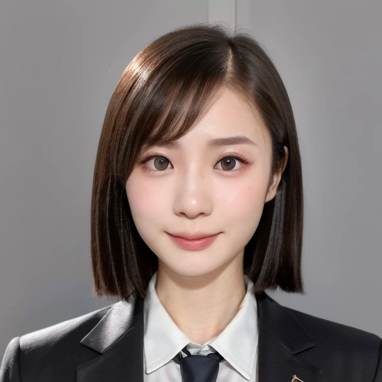 (kawaii 24 year-old Japanese girl, Nogizaka idol, Korean idol), (glossy hair, very short hair, forehead:1.3), (beautiful black eyes, rounded face, single eyelid, no makeup, soft smiling:1.2), (wearing suit jacket, collared shirt, necktie:1.3), (extra small breasts:0.9), (looking at camera:1.3), BREAK, (simple white background, summer daylight:1.3), (dynamic angle, bust shot:1.3), BREAK, (masterpiece, best quality, photo realistic, official art:1.4), (UHD, 8K quality wallpaper, high resolution, raw photo, golden ratio:1.3), (shiny skin), professional lighting, physically based rendering, award winning, (highly detailed skin, extremely detailed face and eyes), Carl Zeiss 85 mm F/1.4, depth of field, 1girl, solo,