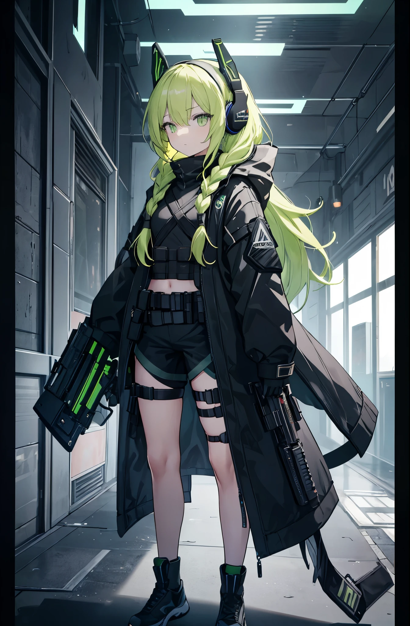 Side View，A young girl，Slim girl figure，Light green braided long hair，Light green eyes，Poker face，Wearing black tactical jacket，Holding a blast shield，Wearing black shorts，Wearing tactical equipment，Wearing tactical headsets，Holding a pistol，Female hands，Little white hand，Female hands指，Standing on the black street，Cool dark tones