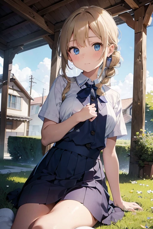 masterpiece, highest quality, High resolution, 14-year-old girl、blue eyes、
blonde,  Braiding、uniform, White shirt, Check skirt, White panties、garden、Lying on the grass