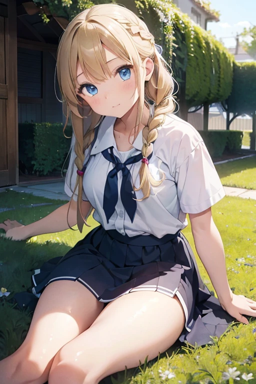 masterpiece, highest quality, High resolution, 14-year-old girl、blue eyes、
blonde, Braiding、uniform, White shirt, Check skirt, White panties、garden、Lying on the grass