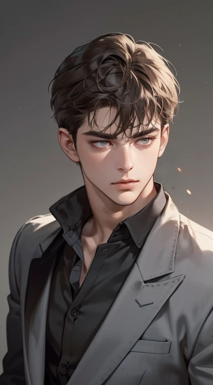 masterpiece, best quality, realistic, 1man, mature male, quiet and charming young man, 25 years old, close his eyes, serious look, extremely detailed face, ((dark grey eyes)), ((short-right-swept dark brown hair)), [thick eyebrows], detective, plain background, ((suit)), cinematic lighting, looking at the audience, posture dynamics