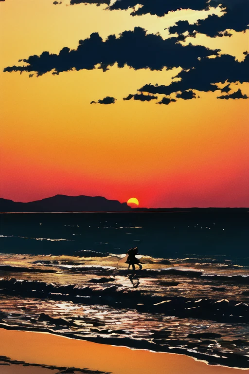 The light of the setting sun reflects fantastically from the seaside and scatters、Flying lights,Silhouette of a girl walking a dog