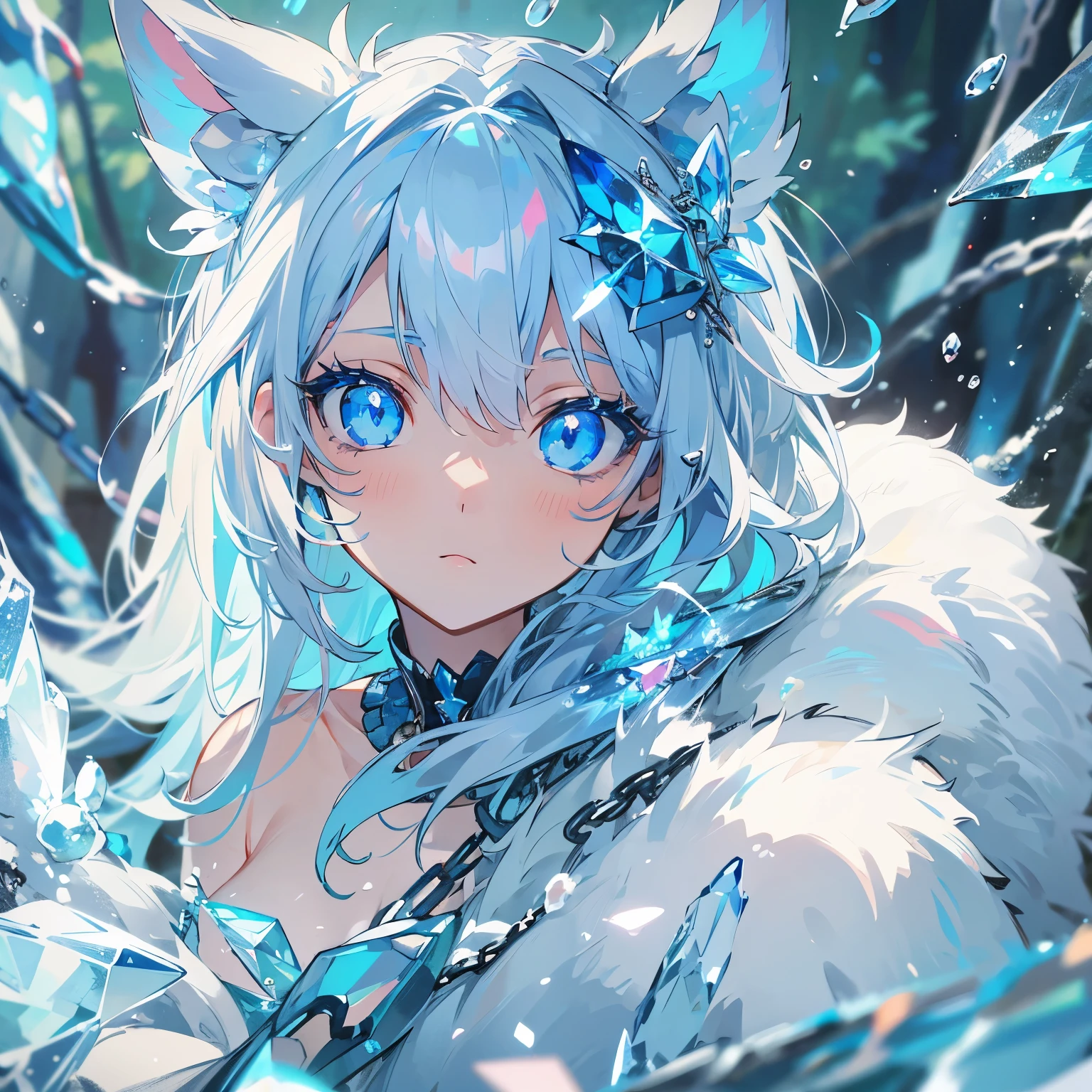 There is a cat with blue eyes and a chain around its neck., Blue shining eyes, beautiful Glowing blue eyes, Blue shining eyes, Shining blue eyes, Glowing blue eyes, Shining blue eyes, blue reflective eyes, Cute eyes of dream animals, 水晶blue eyes, ice blue eyes, Shining blue eyes, blue eyes, Beautiful and shining eye crystals