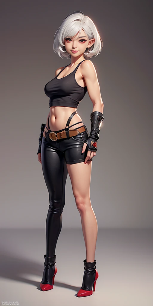 Blacked blacked elf 1sologirl (8k, best quality, masterpiece:1.2) (realistic, photo-realistic:1.37) (full body) 1female solo girl, standing, 2legs apart (wide stance) standing contrapposto, ultra detailed, cute (large breasts:1.5) (beautiful detailed eyes) (smile:1.2) (closed mouth) sharp focus, depth of field, good composition, very long straight WHITE SILVER hair, hair bang ((red eyes)), intricate, bokeh (Tetsuya Nomura style) perfect breasts, white tank top, black thong, suspenders, gloves, stockings, toned body, athletic, wide hips, thin waist, toned arms, exposed abdomen, abs toned, navel, big belt, view from behind