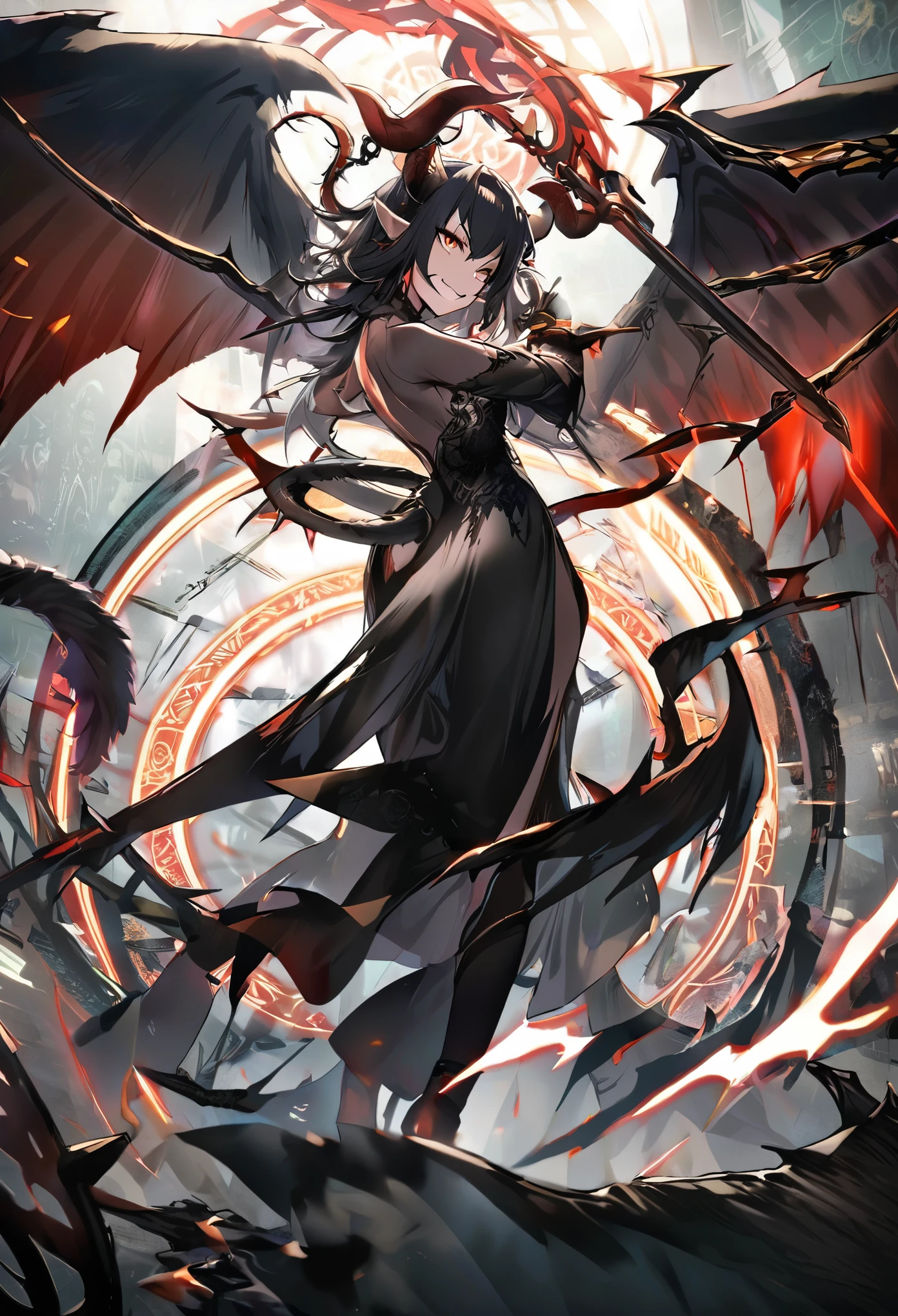  Magic circle in the center of the laboratory, (Summoned female demon, Wearing a simple black dress, A fearless smile, horn, tail, Black wings, Scythe)