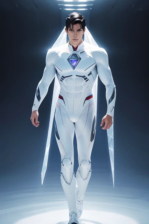 Full full body photorealistic An Alien handsome hunky masculine man from Krypton. Dark hair , Super Athletic body. translucent eyes and prominent cheekbones. Wearing a form-fitting white biomorphic bodysuit. Futuristic Kryptonian background. intricate details, beautifully shot, hyperrealistic, sharp focus, 64 megapixels, perfect composition, high contrast, cinematic, atmospherics cinematic