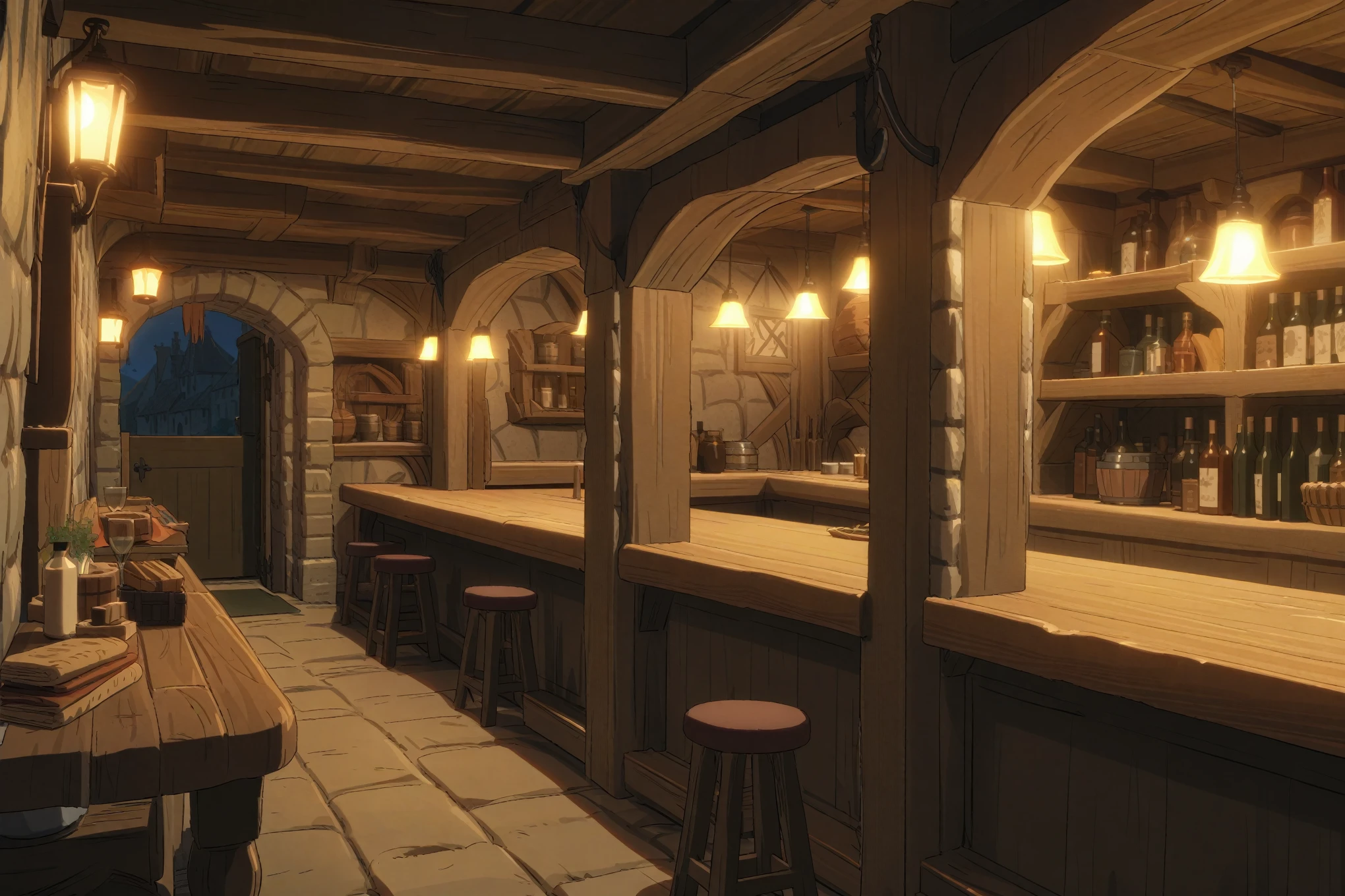 (Masterpiece, best quality, highres, portrait) {{Artist: Sincos}} Scenery, inside tavern, fantast, medieval, cozy lights.