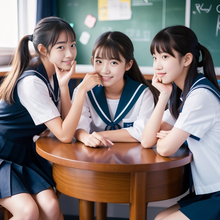 Three high school girls sitting at a table,Wearing a sailor suit, ((8k)), ((High resolution)), ((high quality))