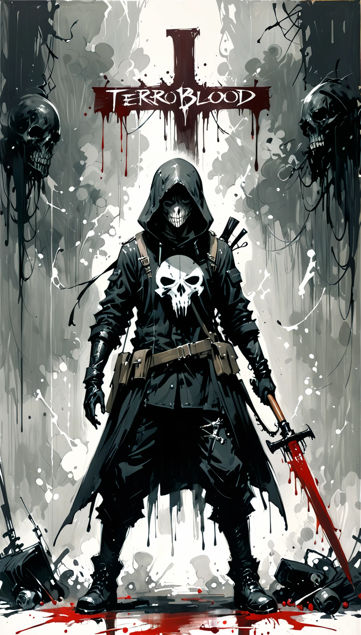 in style of Ashley Wood,1boy,role conception,terror blood,death sign,Very detailed,more details,Smooth and smooth brush strokes,