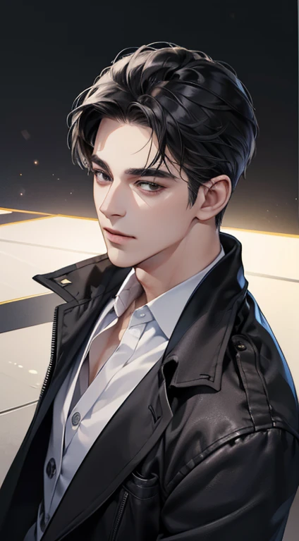(best quality, masterpiece, 8K, photorealistic, cinematic lighting, 1:4 hdr image, top view, ultra detailed, beautiful image), a mature man, very handsome, short black hair, black eyes, perfect face without errors , ((buttoning his jacket, CEO))
