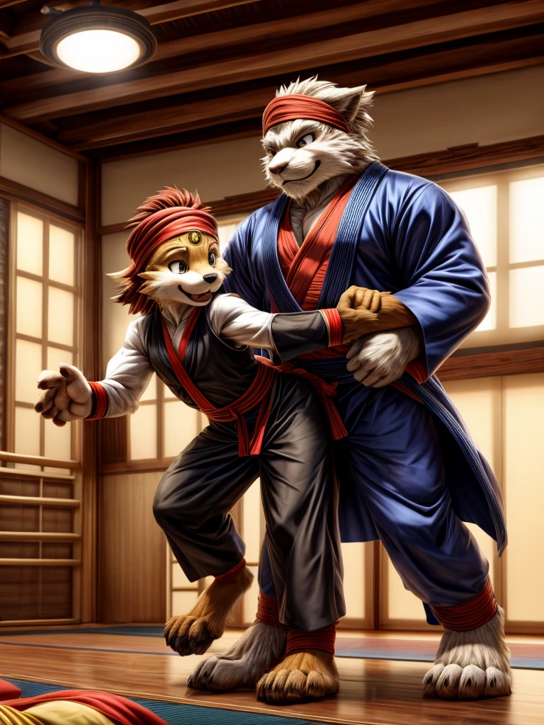 Barefoot loyal friends, Practice at the dojo, black ninja outfit, red headband turban, heel grip trousers, Very big paws, hausamo style, Tokyo After School Summoner, 