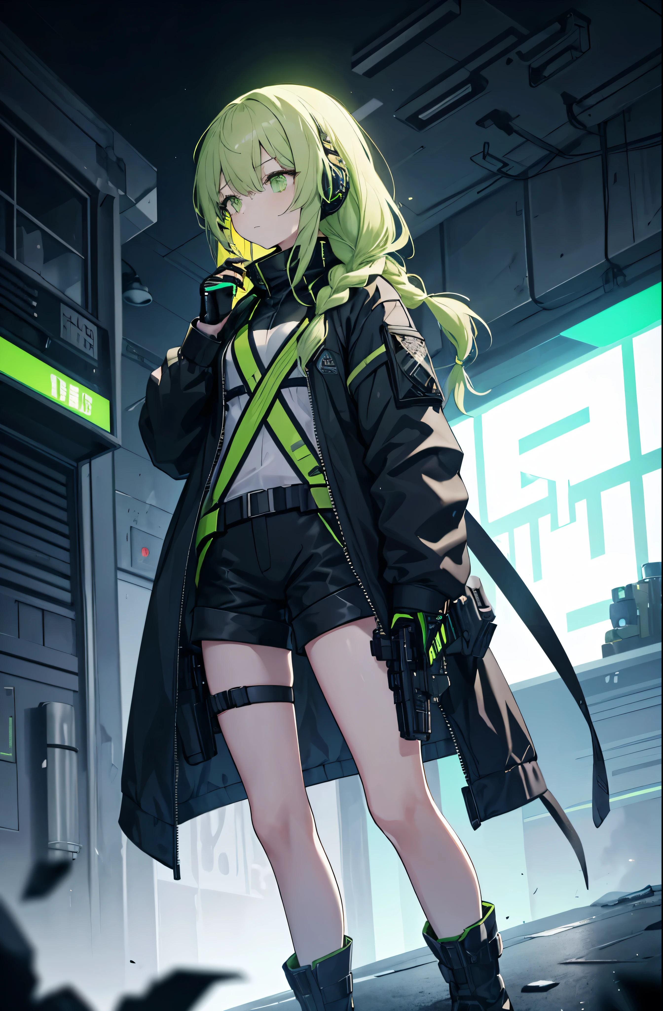 Side View,A young girl,Slim girl figure,Light green braided long hair,Light green eyes,Poker face,Wearing black tactical jacket,Holding a blast shield,Wearing black shorts,Wearing tactical equipment,Wearing tactical headsets,Holding a pistol,Female hands,Little white hand,Female hands指,Standing on the black street,Cool dark tones
