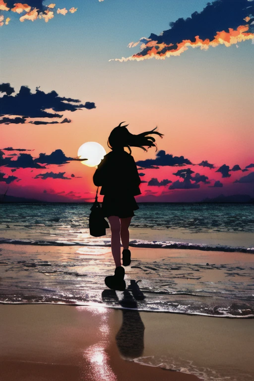 The light of the setting sun reflects fantastically from the seaside and scatters、Flying lights,Silhouette of a girl walking