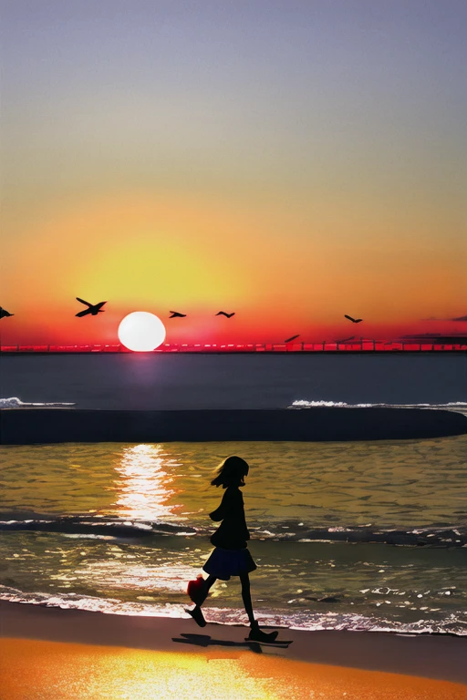 The light of the setting sun reflects fantastically from the seaside and scatters、Flying lights,Silhouette of a girl walking