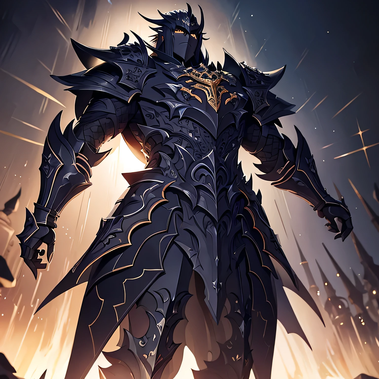 masterpiece, best quality, high quality, extremely detailed, in the style of dark fantasy anime male, knight, black armor, black jagged armor, heavy metal armor, white runes on gold sword in left hand, extremely large sword, white runes on gold shield in right hand, extremely large shield white colored magic, battle stance, Depth of Field, HDR, extremely detailed, intricate, high detail, dramatic