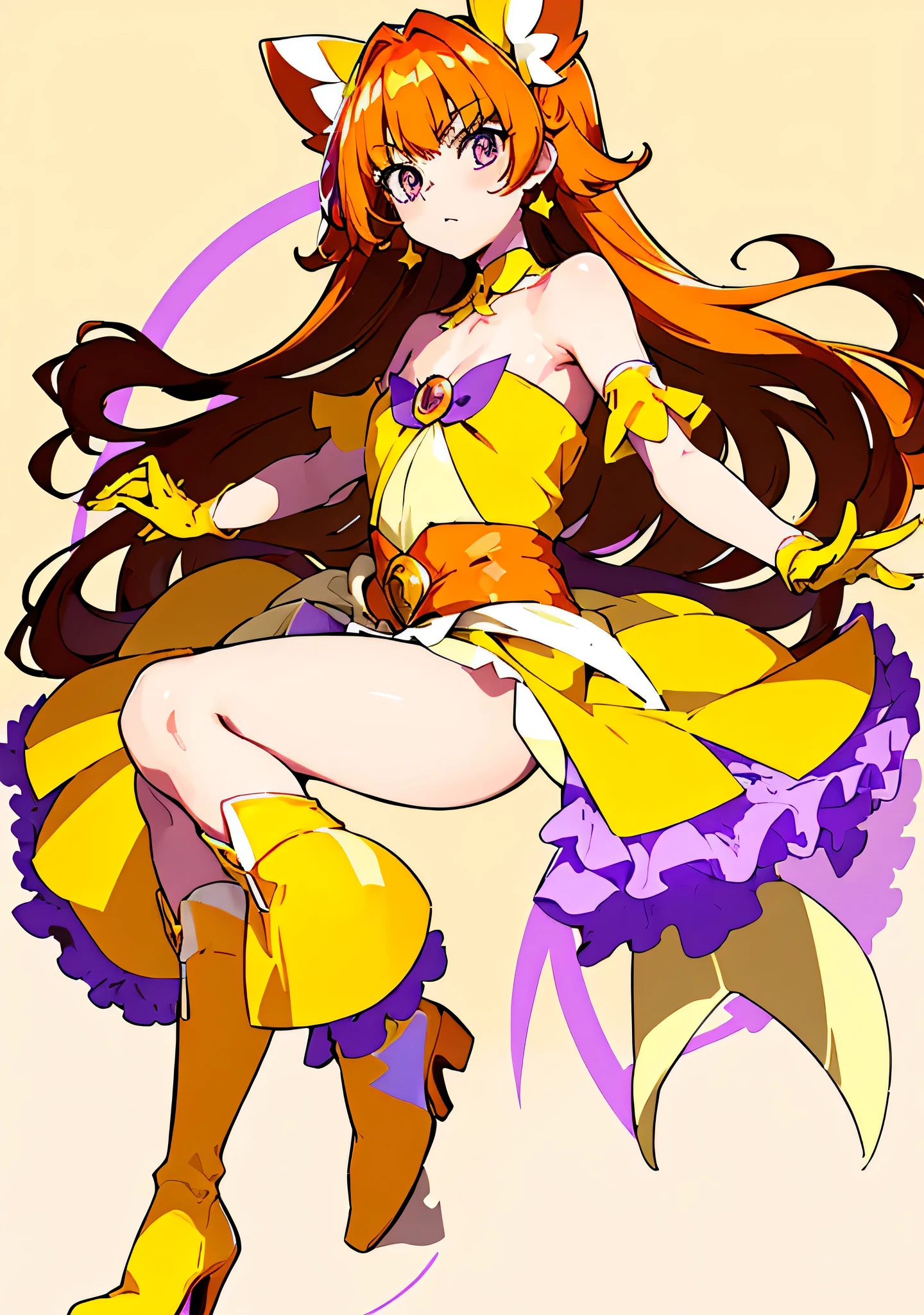 Cartoon image of a boy in an orange, yellow and purple dress、He has long orange-brown two-sided updo、A boy with long orange hair with a brown gradient、Purple eyed boy、Official Art、Sparkling Magical Boy、Official artwork、prince of the galaxy、Anime Prince、Headquarters artwork、Sexy vibe、Symphogear Flavor、cool anime boy、Fan art、Tall Boy、A boy is standing、Muscular man、Beautiful、Orange and yellow and purple costumes、JewelryBrooch、strapless dress、Purple mini skirt with yellow ruffle layers、V-line around the waist、Dress Up Darling Anime、Separated collar、Bare shoulders、Pale yellow gloves、Pale yellow knee-high boots、Promotional Art、Full body close-up、looking at viewer、Anime Bishonen、Cowboy Shot、Male focus、solo、