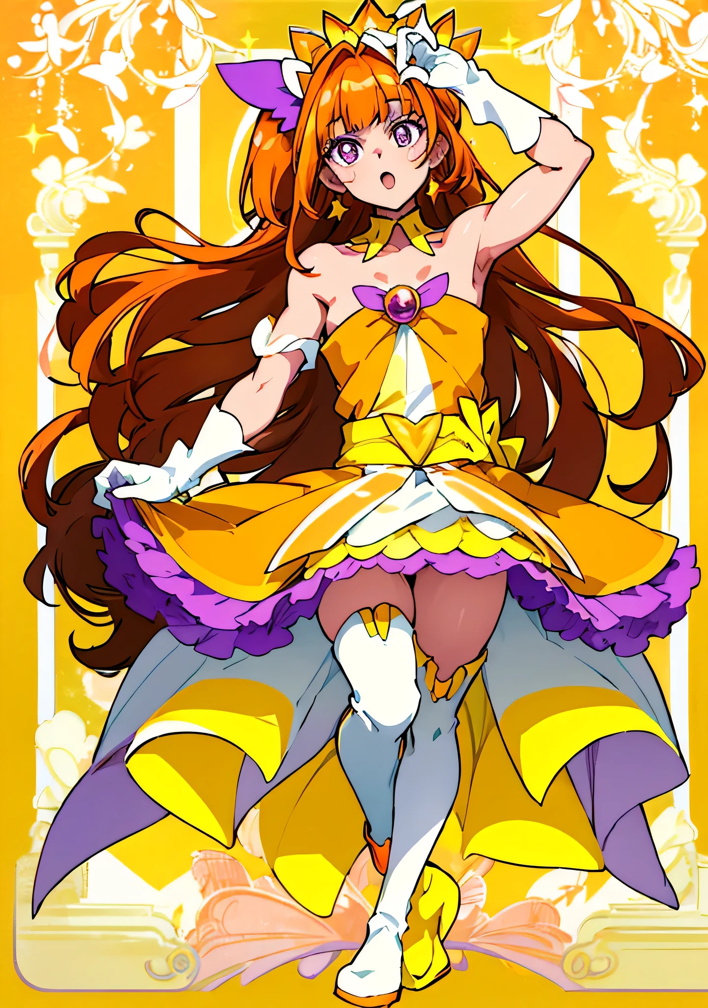 Cartoon image of a boy in an orange, yellow and purple dress、He has long orange-brown two-sided updo、A boy with long orange hair with a brown gradient、Purple eyed boy、Official Art、Sparkling Magical Boy、Official artwork、prince of the galaxy、Anime Prince、Headquarters artwork、Sexy vibe、Symphogear Flavor、cool anime boy、Fan art、Tall Boy、A boy is standing、Muscular man、Beautiful、Orange and yellow and purple costumes、JewelryBrooch、strapless dress、Purple mini skirt with yellow ruffle layers、V-line around the waist、Dress Up Darling Anime、Separated collar、Bare shoulders、Pale yellow gloves、Pale yellow knee-high boots、Promotional Art、Full body close-up、looking at viewer、Anime Bishonen、Cowboy Shot、Male focus、solo、