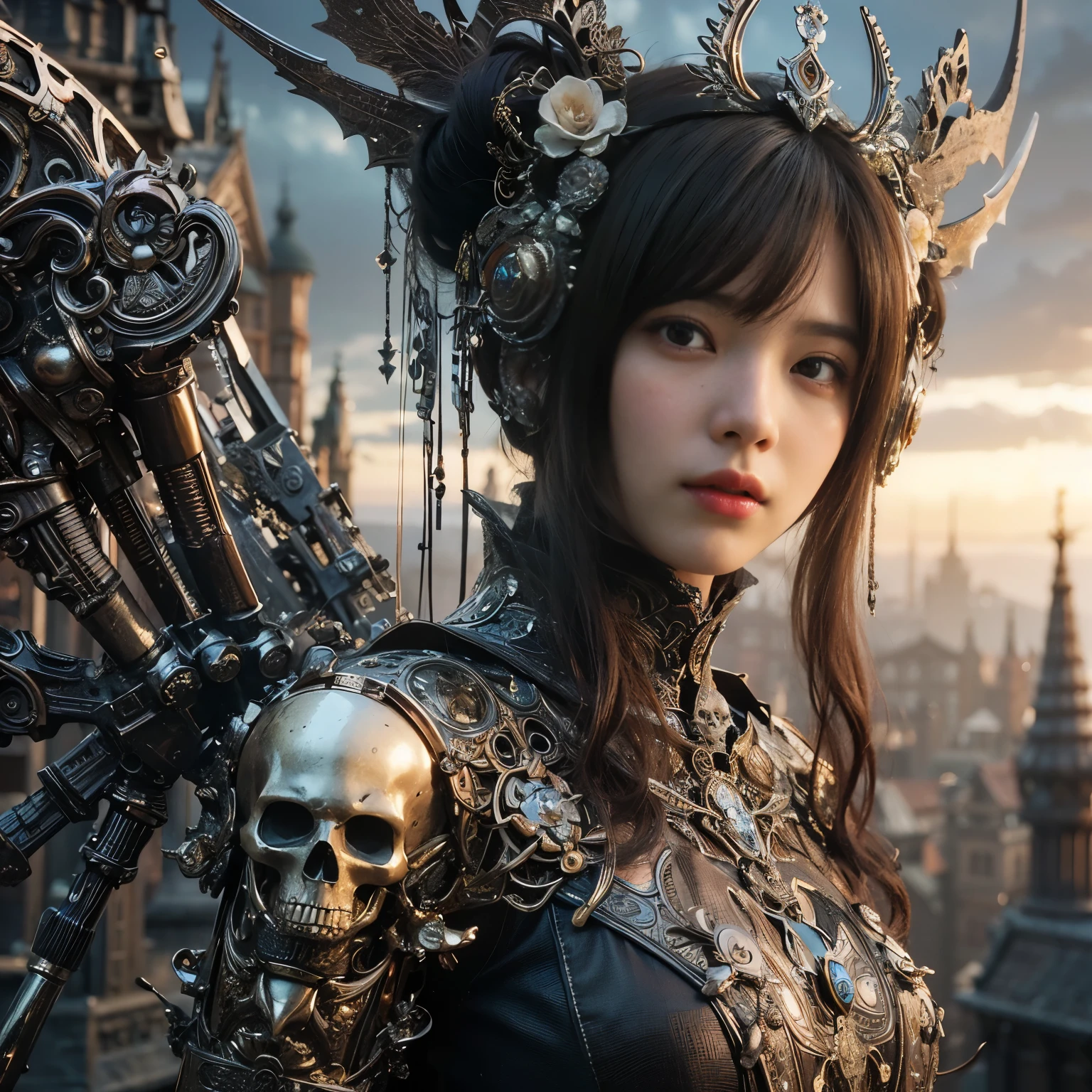 (masterpiece、highest quality、Realistic photos)、A very cute Japanese woman、(Brown skin:1.4)、A complex copper and brass mechanical armor with a skull motif.、Bat Wings、White tone、Blue accents、foot、Extremely intricate details、Posing on the medieval castle walls at sunset、Full Body Shot、Minimum 4 or more generated