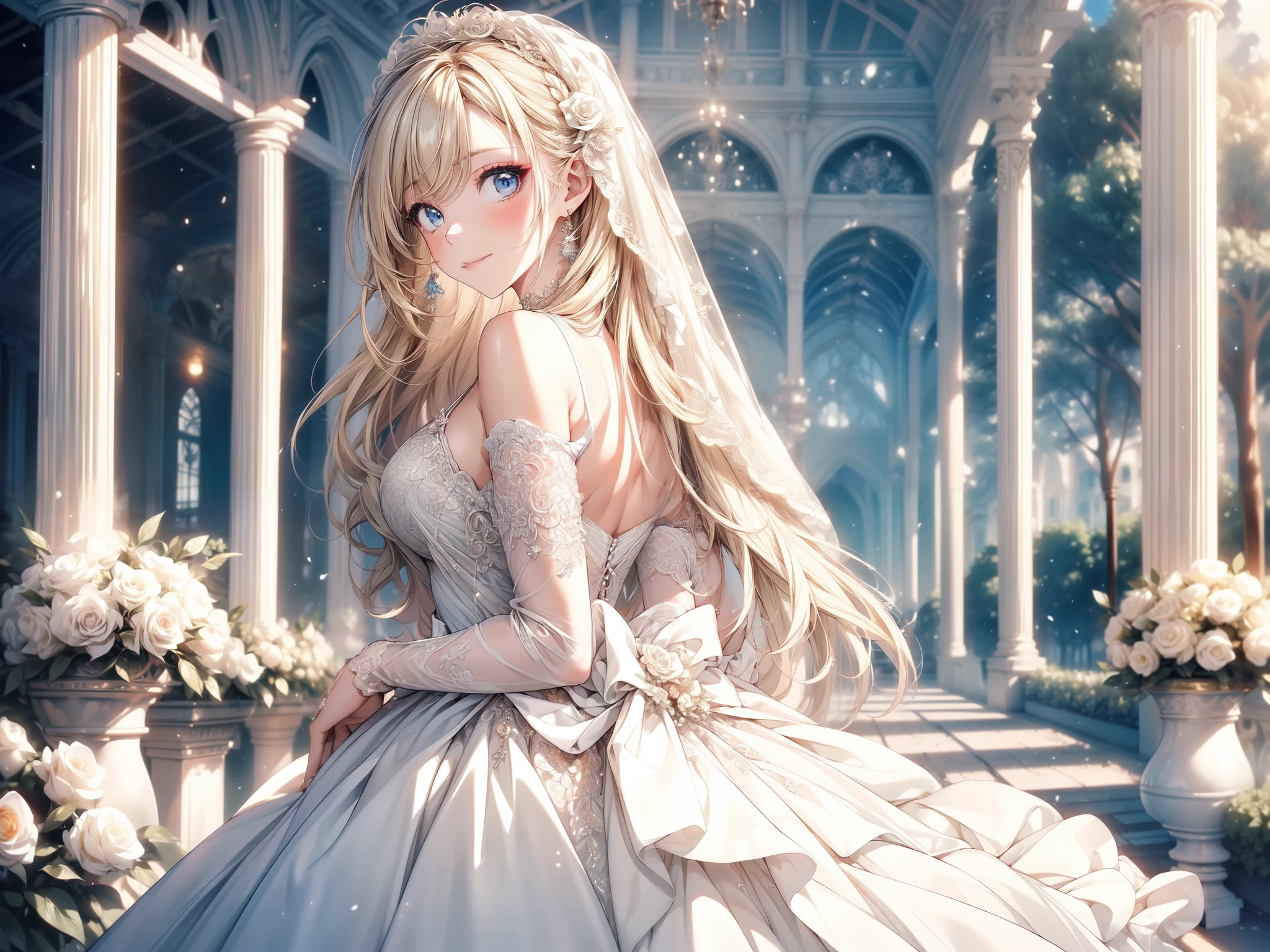 (masterpiece, best quality, beautiful and aesthetic:1.3), look back, looking at viewer, 1girl, solo, light smile, (makeup, long hair, light beige hair, blue eyes:1.2), ruanyi0256, bridal veil, lace-trimmed dress, see-through, wedding dress, outdoors, white roses, garden, morning, standing, extreme detailed,