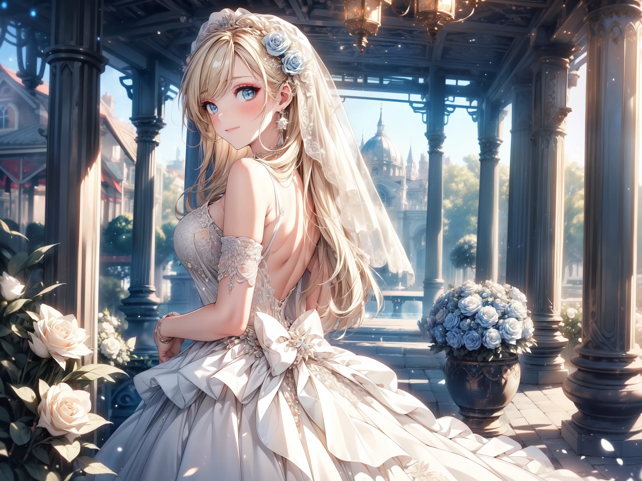(masterpiece, best quality, beautiful and aesthetic:1.3), look back, looking at viewer, 1girl, solo, light smile, (makeup, long hair, light beige hair, blue eyes:1.2), ruanyi0256, bridal veil, lace-trimmed dress, see-through, wedding dress, outdoors, white roses, garden, morning, standing, extreme detailed,