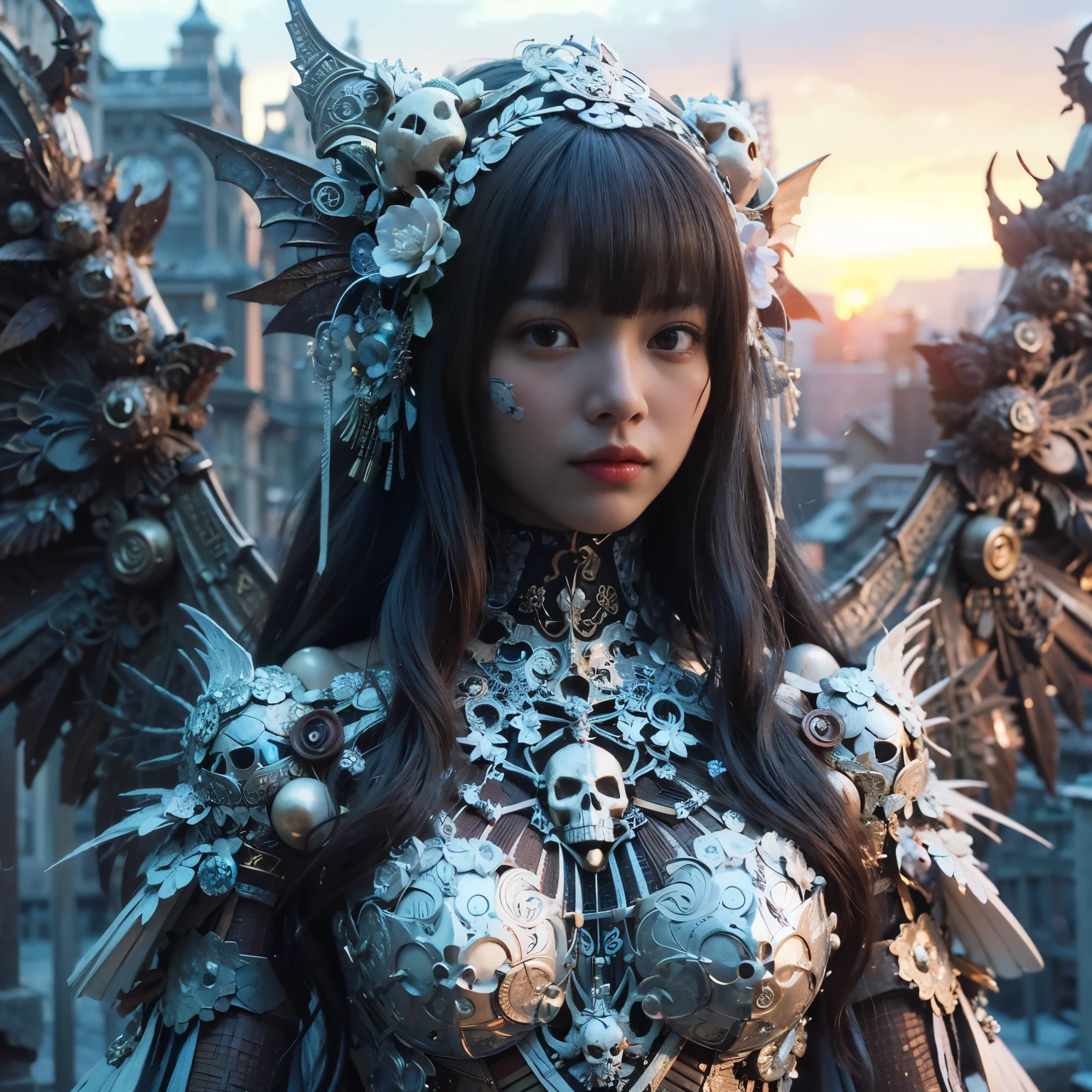 (masterpiece、highest quality、Realistic photos)、A very cute Japanese woman、(Brown skin:1.4)、A complex copper and brass mechanical armor with a skull motif.、Bat Wings、White tone、Blue accents、foot、Extremely intricate details、Posing on the medieval castle walls at sunset、Full Body Shot、Minimum 4 or more generated