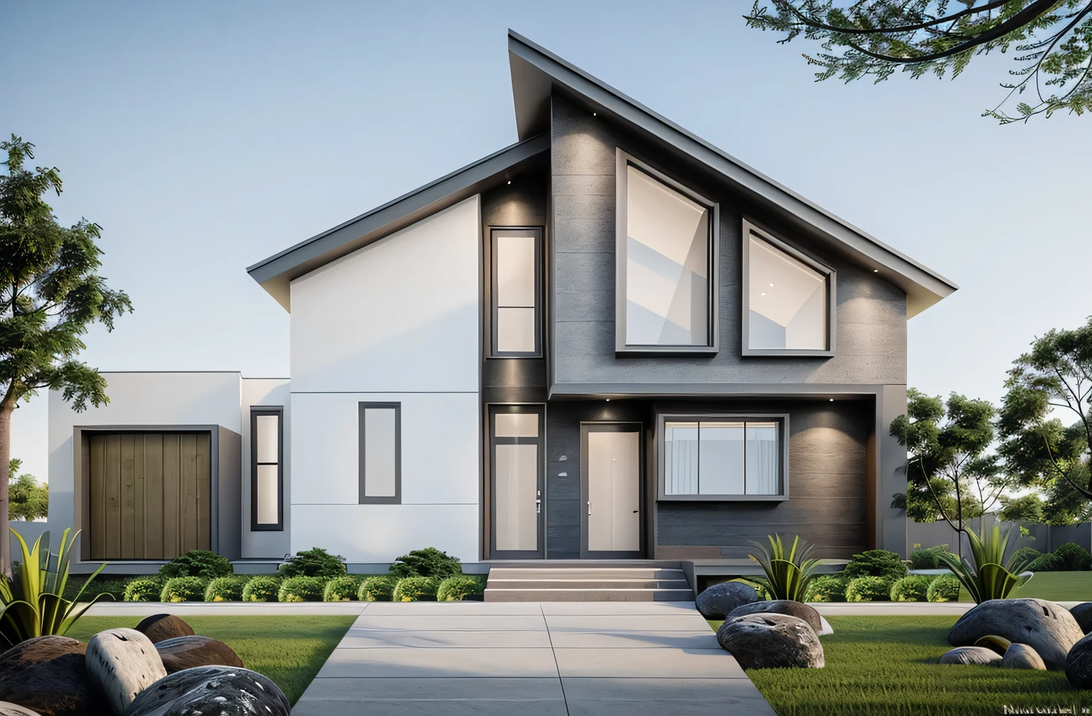 (((best quality, masterpiece, super detailed))), (actual image:1.2), high quality, modern gray house, modern house, many trees, Main objects: masonry walls, bright gray paint, wide glass doors, wood ceilings,a street front house, main material (wood: gray stone:0.2),Modern style, beauty dawn sky,((real cube: 1.3)), perfect light, A pleasant living space with many trees, ((grass))