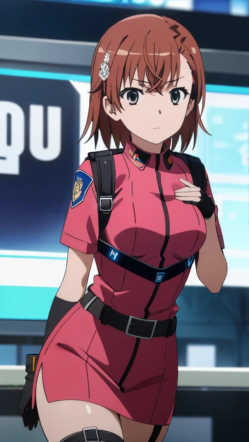 (highest quality, 8k, High resolution, masterpiece:1.2), Anime art style, colorful, Hyper Detail, misaka mikoto, Short Hair, 1 girl, Perfect Face, eye_Light_big, Small medium breasts, Soft look, alone, (Wearing a futuristic police racing suit, Low Mini Skirt, Police emblem, High-tech headsets, Military Harness, Racing Gloves), Dynamic Angle, Cowboy Shot, Watching the audience,