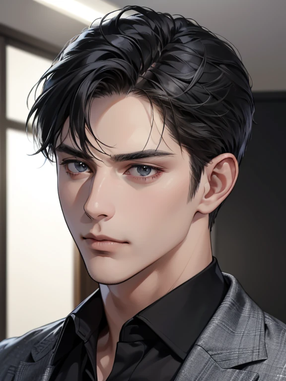 (best quality, masterpiece, 8K, photorealistic, cinematic lighting, hdr image, ultra detailed, beautiful image), 1 man, 31 years old, mature man, very handsome, (without expression, serious), short black hair, black eyes ( penetrating gaze), perfect face without errors, imposing posture, without errors, businessman, office background