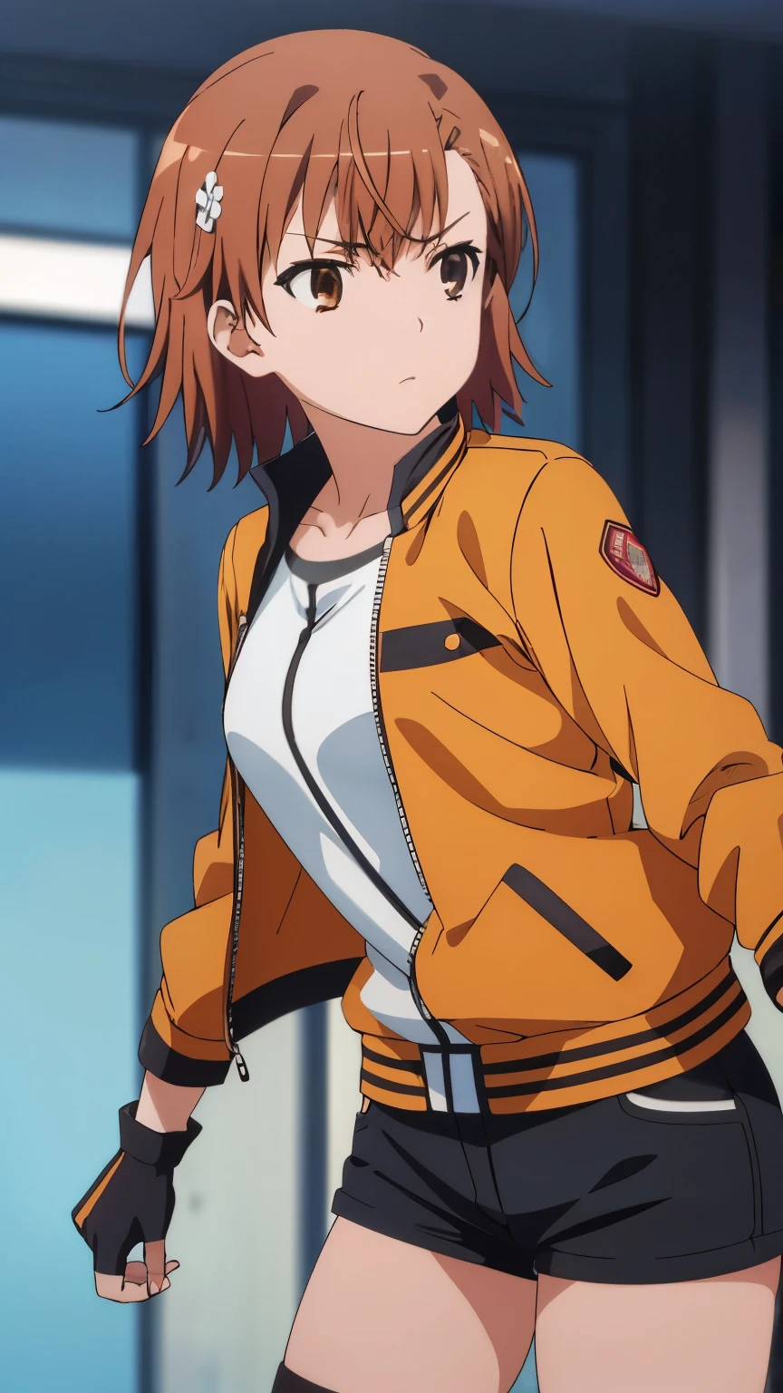 (highest quality, 8k, High resolution, masterpiece:1.2), Anime art style, colorful, Hyper Detail, misaka mikoto, Short Hair, 1 girl, Perfect Face, eye_Light_big, Small medium breasts, Soft look, alone, (orange Jacket,  black gloves, black Shorts, fingerless gloves, gloves, Orange legwear, Jacket, Long sleeve, open Jacket, short Shorts, Shorts), Dynamic Angle, Cowboy Shot, Watching the audience,