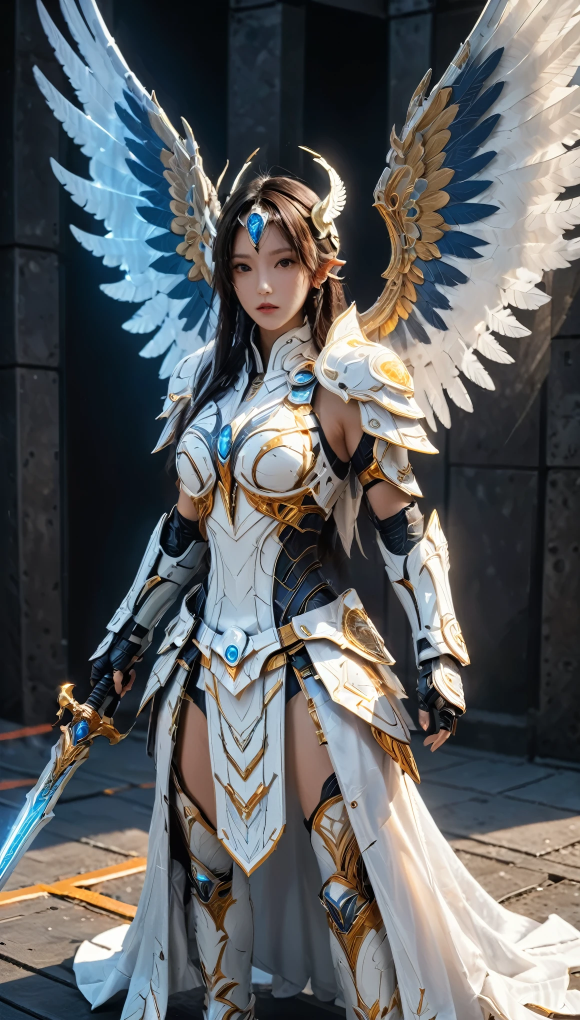 masterpiece,ASCII,8k.absurdes,intricate,maximum resolution, hyper detailed, Mirage pureerosface_v1,DonMn1ghtm4reXL,glow, fog, white armor with orange and blue details, hellgate london themed,angelical, sanguinius, force huge wide wings, glowing wings, energy wings, holding sword,
