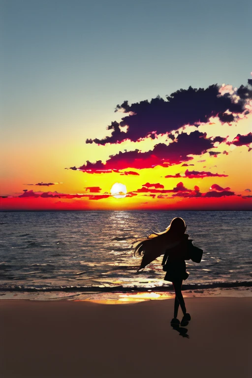 The light of the setting sun reflects fantastically from the seaside and scatters、Flying lights,Silhouette of a girl walking
