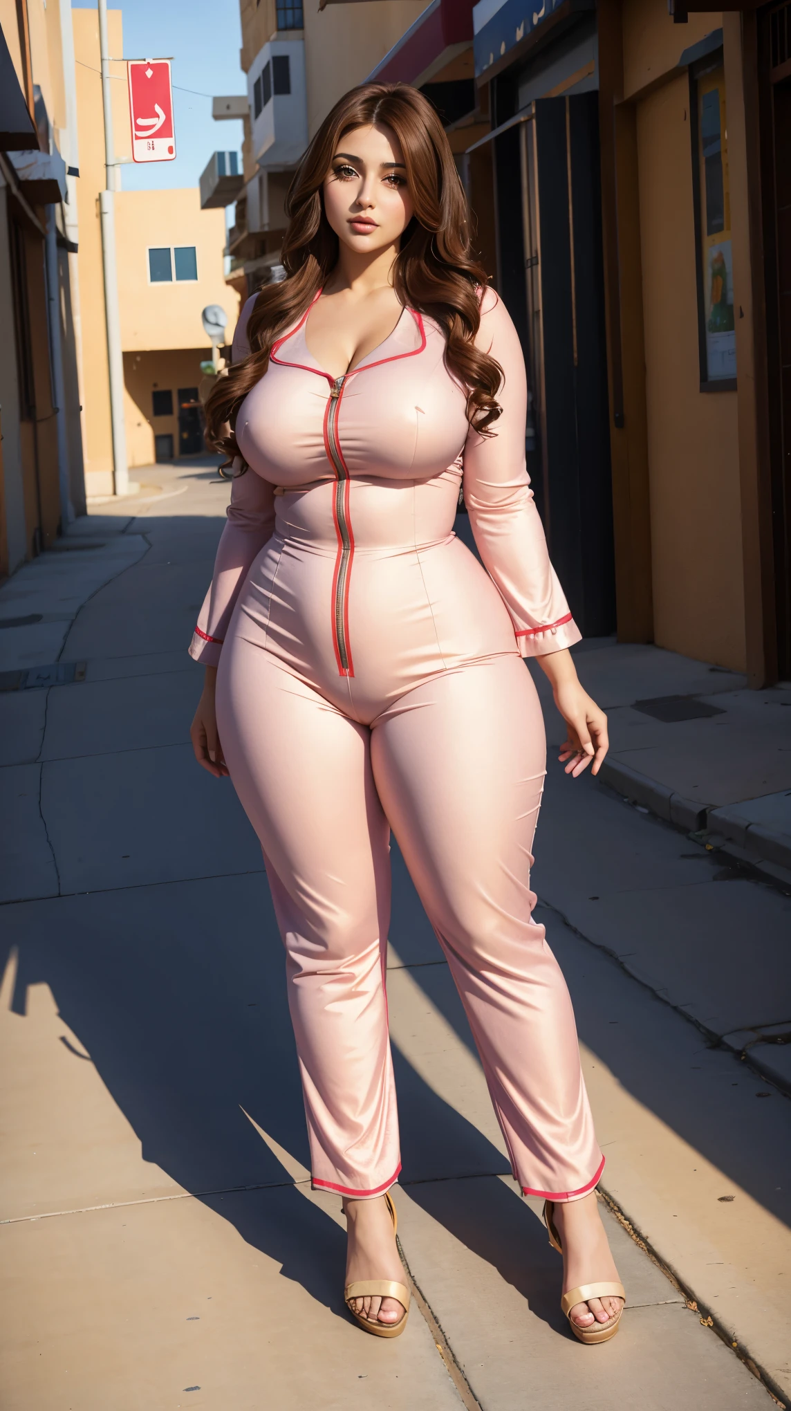 Arabic Woman in street, curvy body , wearing jumpsuit pajamas, beautiful woman, very detail ,pawg, long legs ,thick high, full body in camera, pawg, wearing strap wedges