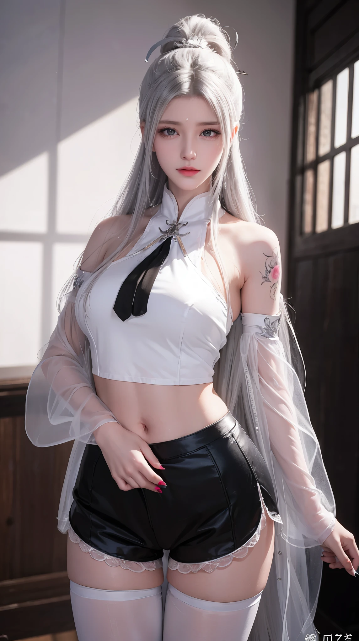 White hair girl, High Ponytail发型, Sports Tops, Oversized bust, Succubus, (((Succubus tattoo on lower abdomen))), Transparent Super Tight Low Rise Ribbon Pants, (((ultra-low waist))), Full body image, Sexy girl, Sexy, Happy laughter, Shy, (((Exposed lower abdomen))), Expression, There is a peach heart in the eye, (Detailed drawing of eyes), Sexy Long legs, Thin waist, Sweat dripping down my waist, (Exposing the belly), ((Succubus tattoo extreme detail portrayal))), Wings of Ice and Fire, Front squat, Dark lock method, 2D Blush, crazy, Monster Girl, toy doll, Fangs, Slobber, Pink Hair, Asymmetrical bangs, Transparent clothing, Hands on thighs, Look away, 8k resolution, missionary, Raise an eyebrow, Shiny hair, Flower head, Wristband, Band-Aid a white hair、Close-up of woman wearing white mask, Beautiful character painting, guweiz, Gurwitz-style artwork, White-haired god, author：Yang Jie, Epic and beautiful character art, Stunning character art, author：Fan Qi, by Wuzhun Shifan, pixiv Art Street Guweiz, Single ponytail, insult, High Ponytail, tall and big, Long legs, (Sleeveless lace shirt), (shorts), (Striped )), ((Striped )), Walk, elegant, dignified, woman, Beautiful curves, sweet smile, Strong sense of detail and layering, rich and colorful, Has a unique texture, rich and rich and colorful, color, vivid, design art, 16K, Ultra Detailed, {{illustration}}, {Extremely refined}, {Exquisite surface treatment}, Ultra Detailed, Delicate and shining eyes, {{Movie Lighting}}, Extreme lighting effects, Model: realism, CFG size: 12, Laura: Bright texture (1.35), high quality, masterpiece, Exquisite facial features, Delicate hair depiction, Detailed depiction of the eyes, masterpiece, best quality, Ray Tracing, Extremely detailed CG unified 8k wallpaper, masterpiece, best quality, (1 girl), 完美woman身材, (((White tight T-shirt))), beautiful eyes, (Delicate face), Black short hair, Tie your hair up, Light blue hairpin, Black Silk Frame Glasses, In class, (White skin), (Optimal lighting), (Super intricate details), 4k unity, (Ultra Detailed CG), Showing off her white legs, , Hot Pants, shorts,(The tail end is heart-shaped 💟 A purple haired girl with a long ponytail hairstyle and a seductive charm (with celebrity tattoos on her lower abdomen), a Transparent ultra-tight low-rise miniskirt, (ultra-low waist), a Full body image, Raise your hands above your head, a Sexy girl with a Sexy, 快樂Expression, blush, Shy的, (Exposing the belly), a charming expression, frown in disgust, celebrity tattoos, Purple hair girl with long ponytail, Transparent top, Oversized bust, Oversized bust, charm, ((with red charm tattoo on the lower abdomen), Transparent ultra-tight low-rise miniskirt, (ultra-low waist), Full body image, Raise your hands above your head, Sexy girl, Sexy, 快樂Expression, blush, Shy的, (Exposing the belly), charming expression, frown in disgust, (Eye detail depiction), Sexy Long legs, Slim waist, Sweat beads on waist, (with Sexy vest line), (Exposing the belly), Leg squat