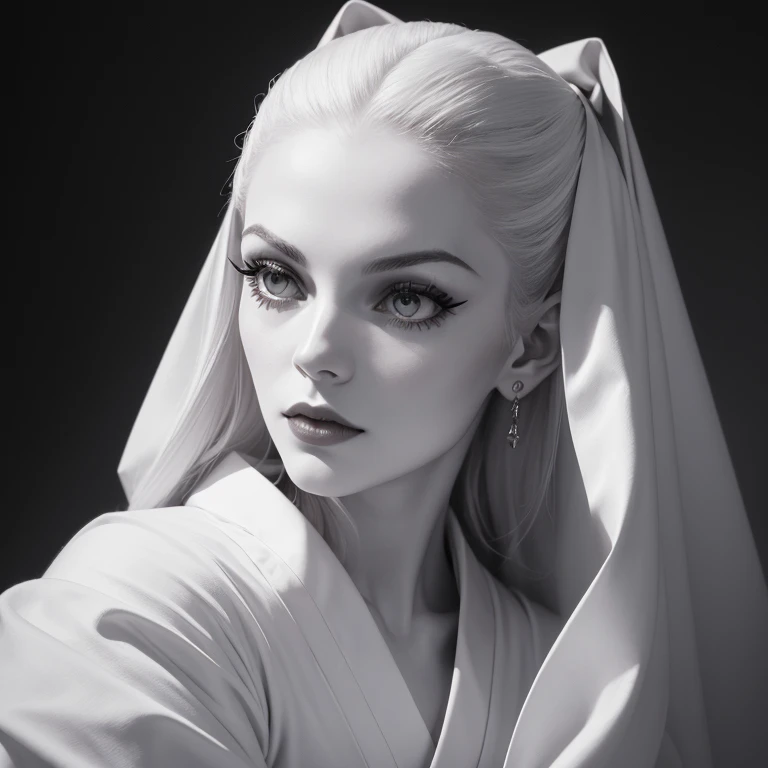 (alta qualidade: 1.3), Cinematic shot, obra de arte, (sharp focus: 1.5), (fotorrealista: 1.3), Medium portrait of (uma linda jovem vampira, Pale skin, ainda orgulhoso e feroz, cabelo liso branco e lingo bob, gloomy appearance, dressed in a highly detailed white Japanese kimono, atmosfera escura, but sculpting the forms in sharp chiaroscuro), it's night, (pele altamente detalhada), (rosto detalhado), fundo detalhado, dark lighting, twilight lighting, volumetric lighting, detalhes complexos, Ultra HD,